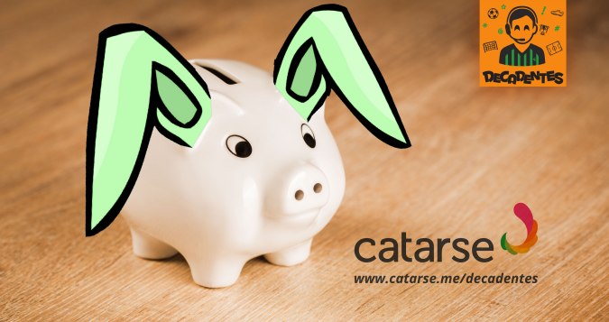 montagem com a foto de um cofre porquinho branco com orelhas de coelho verdes desenhadas